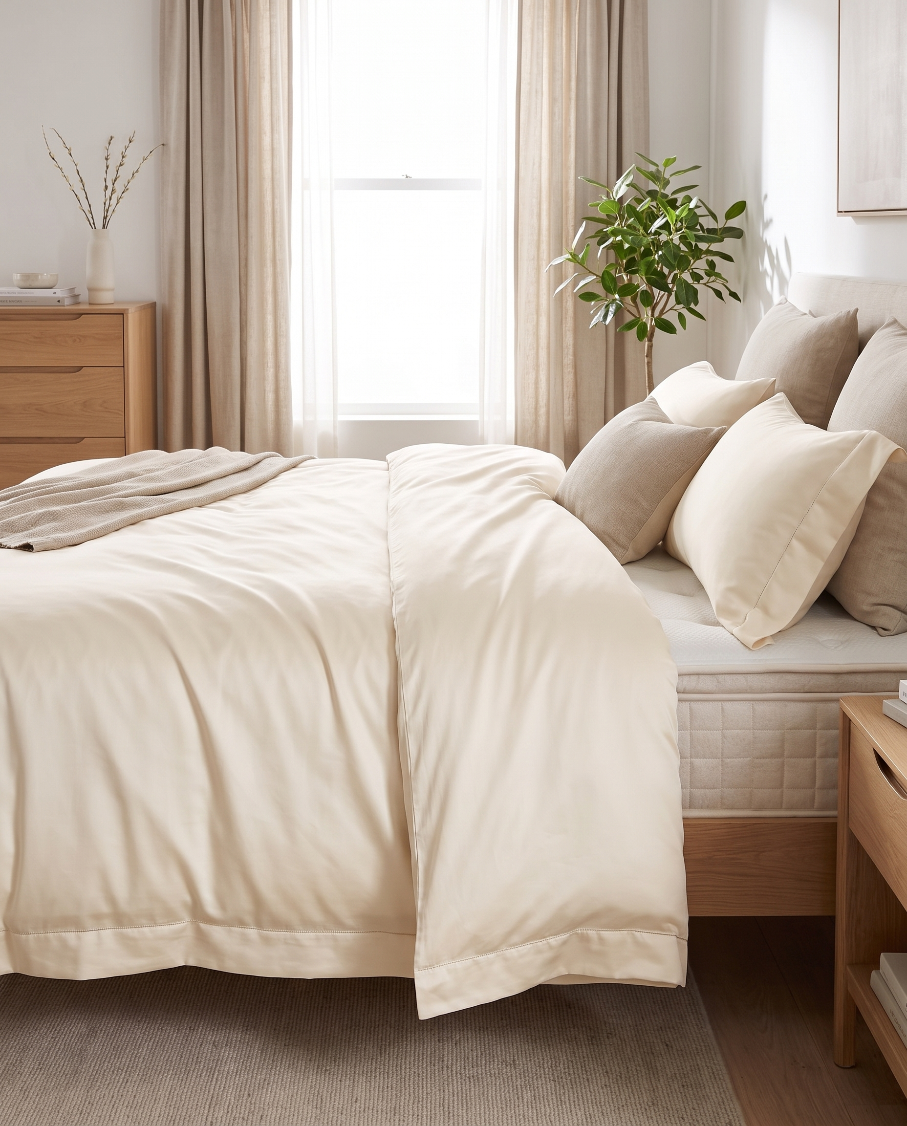 Bamboo Cooling Cover in Off White, dressed on a bed