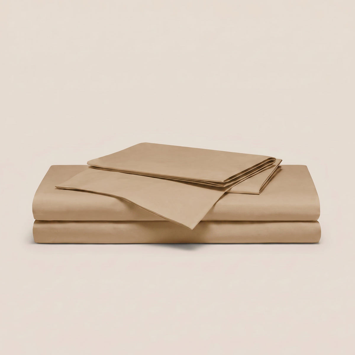 Beige 300TC cotton percale bed set, folded sheet and duvet cover stack