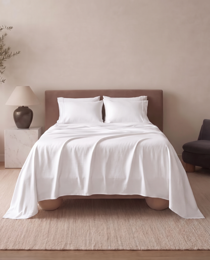 Bamboo Cooling Sleep Set in White - styled on bed