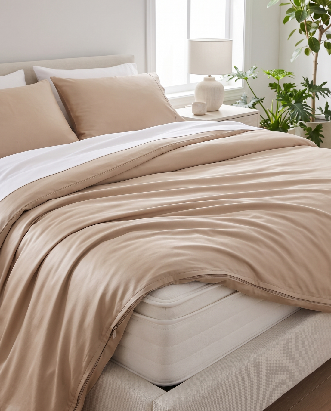 Bamboo Cooling Cover in Beige, dressed on a bed