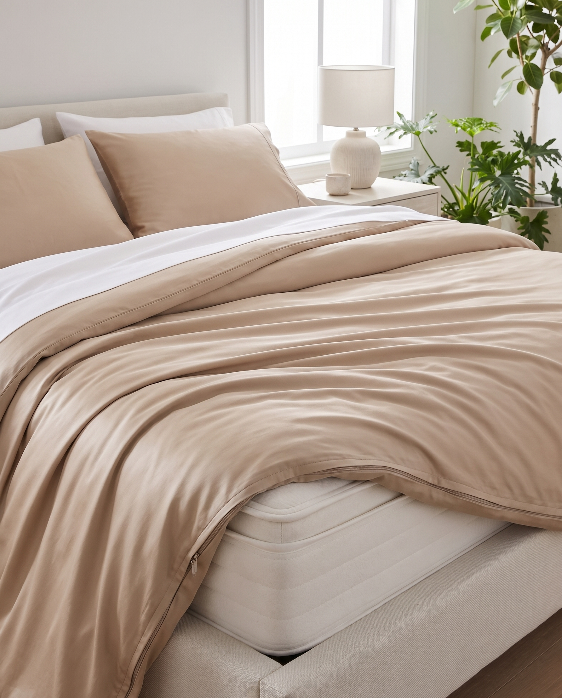 Bamboo Cooling Cover in Beige, dressed on a bed