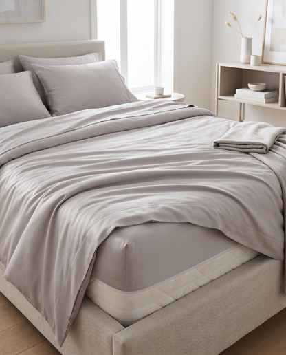 Bamboo Cooling Cover in Light Grey, dressed on a bed