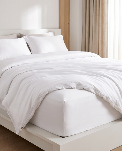 Bamboo Cooling Cover in White, dressed on a bed